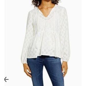 Bobeau Stretch Eyelet Babydoll Top Women's Size XL Off White NWT